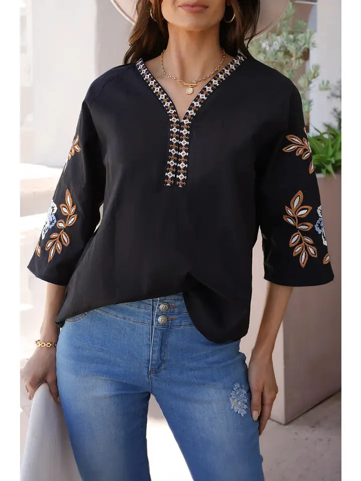 Kira Embroidered Sleeve Boho Top