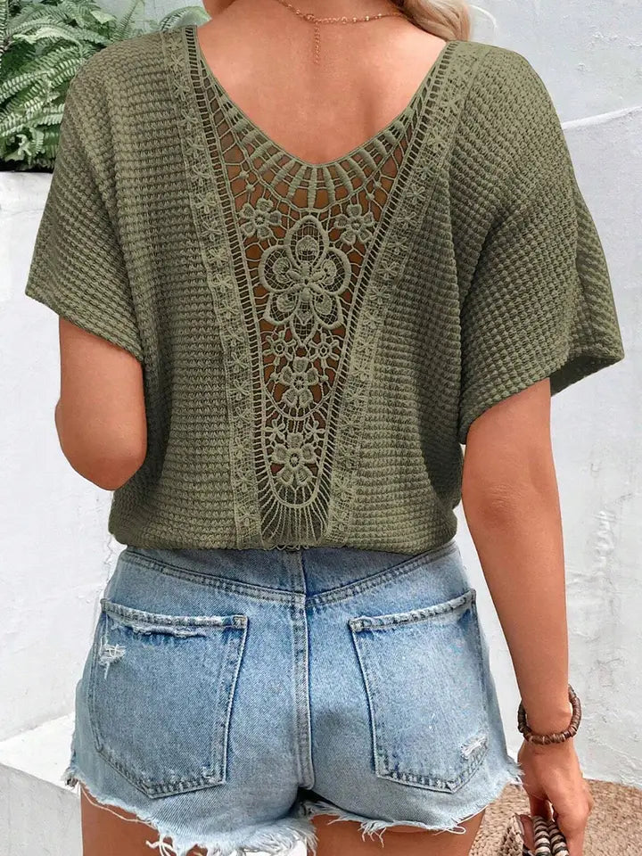 Wendy Waffle Knit Lace Back Top