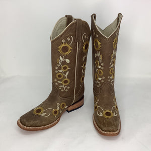 “Everly” Leather Sunflower Cowgirl Boot